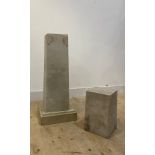 A carved stone column of square tapered form, standing on a square base, (H86cm) together with a