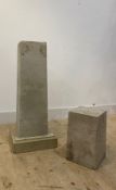 A carved stone column of square tapered form, standing on a square base, (H86cm) together with a