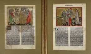 Biblical illuminated manuscripts in Latin, double sided with signs of stains, water marks etc, in