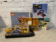 A B&Q 450 watt diamond wheel tile cutter, together with B&Q jumper cables, a cordless multi sander