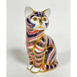 A Royal Crown Derby seated tabby cat paperweight decorated with Pattern 25, (12.5cm x 8cm x 5cm)