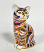 A Royal Crown Derby seated tabby cat paperweight decorated with Pattern 25, (12.5cm x 8cm x 5cm)