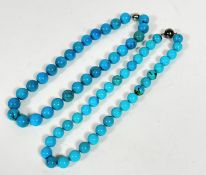 Two turquoise bead necklaces, (L 42cm and 44cm) with magnetic ball fastening, (beads approx d 1cm