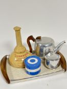 A Piquotware three piece teaset including teak handled rectangular tray with original formica top,
