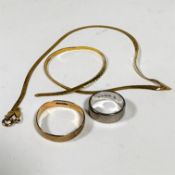 A 9ct gold wedding band (a/f) (size: 1) (2.71g), an 18ct white gold wedding band (K) (5.66g), a
