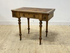 An aesthetic period oak writing table, late 19th century, the top lacking writing surface, over
