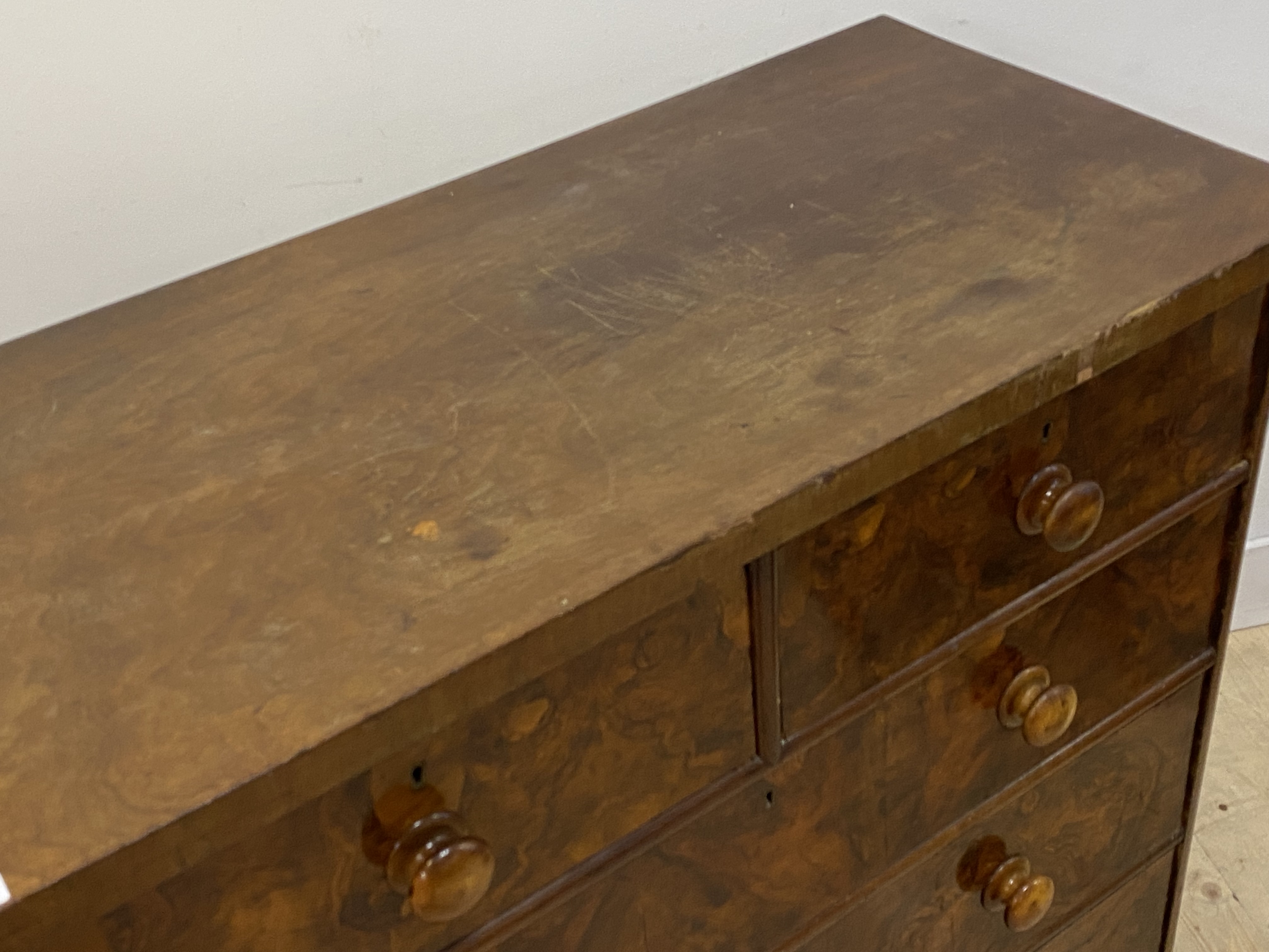 A Victorian figured walnut chest, fitted with two short and three long graduated drawers, plinth - Image 2 of 2