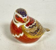 A Royal Crown Derby porcelain desk paperweight in the form of a Partridge, decorated with Pattern 1,