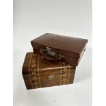 A Victorian walnut inlaid work box with mother of pearl mounted top and inset panel to top, of