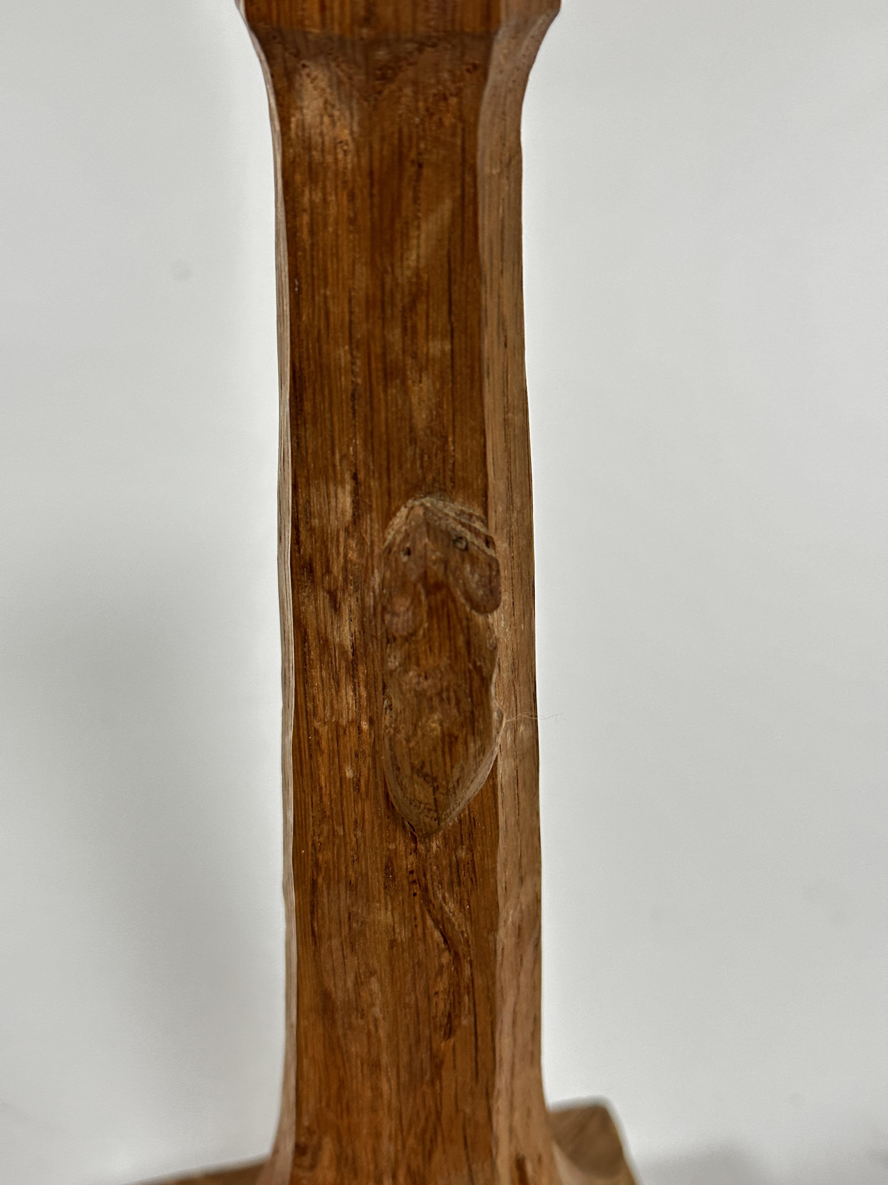 Workshop of Thomas Mouseman, oak carved octagonal tapered lamp base, with moulded top and mouse to - Image 3 of 4