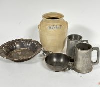 A Victorian stoneware salt crock with lug handles to side (43cm), missing top, a pair of pewter