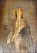 Walnut panel depicting Violinist with his Violin, pen and ink on panel, (61cm x 45cm) slightly