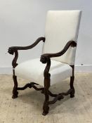 An early 20th century mahogany framed open armchair of 17th century design, the back and seat