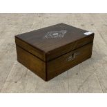 A Victorian rosewood and mother of pearl inlaid sewing box, the floral cotton lined interior