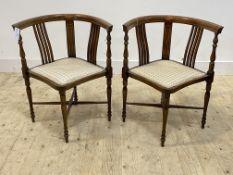 A pair of Edwardian bone inlaid beech corner chairs, with upholstered seats and turned supports,