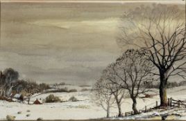 Bill Mcanally, Stirlingshire Scene in Winter, watercolour, paper label verso, gilt glazed frame, (