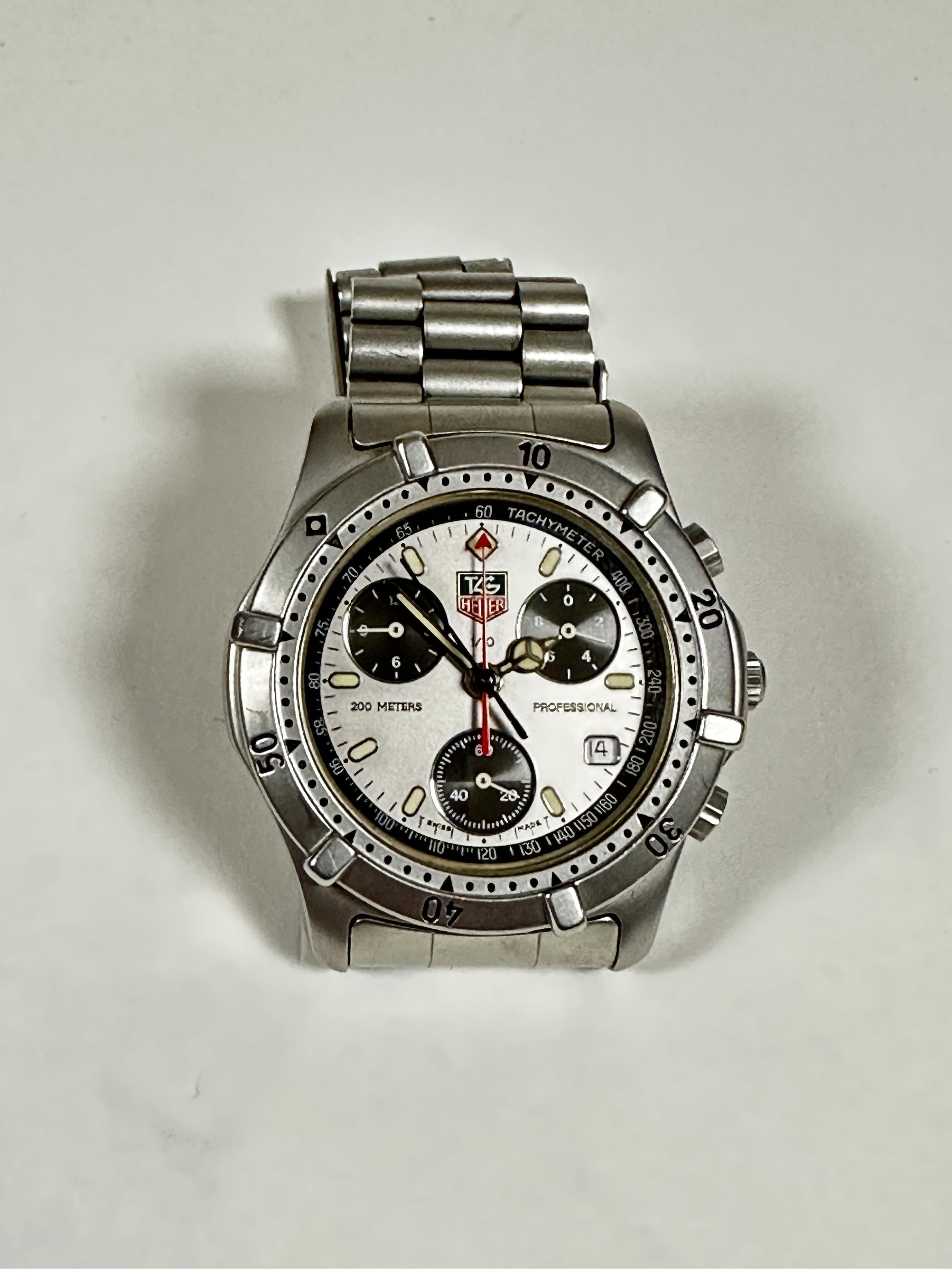 A gentleman's Tag Heure chronograph stainless steel sports wrist watch on stainless steel bracelet