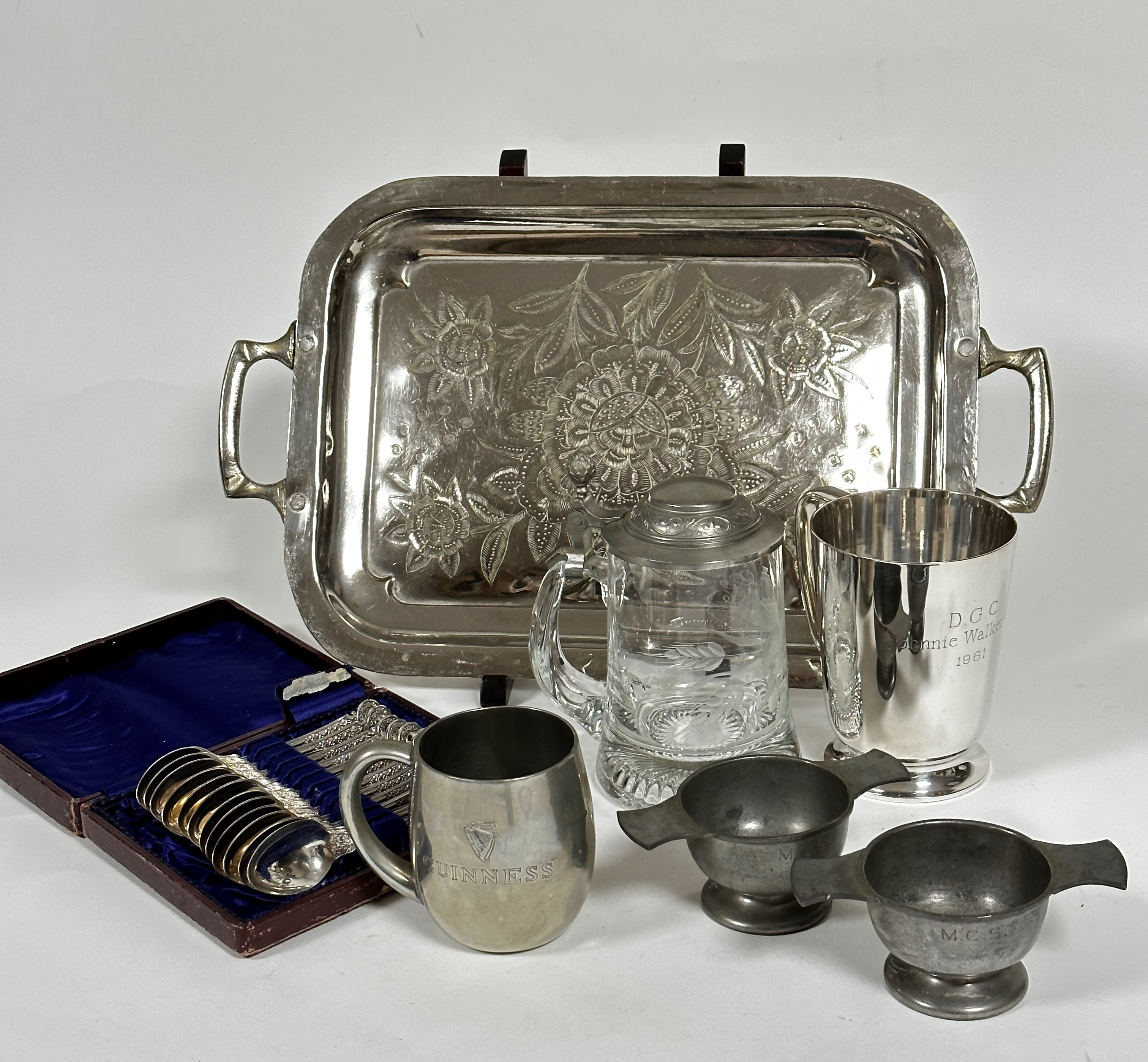 A BCN pewter quaich, stamped verso, engraved with initials MCS, an Epns tankard, a crystal covered