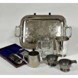 A BCN pewter quaich, stamped verso, engraved with initials MCS, an Epns tankard, a crystal covered