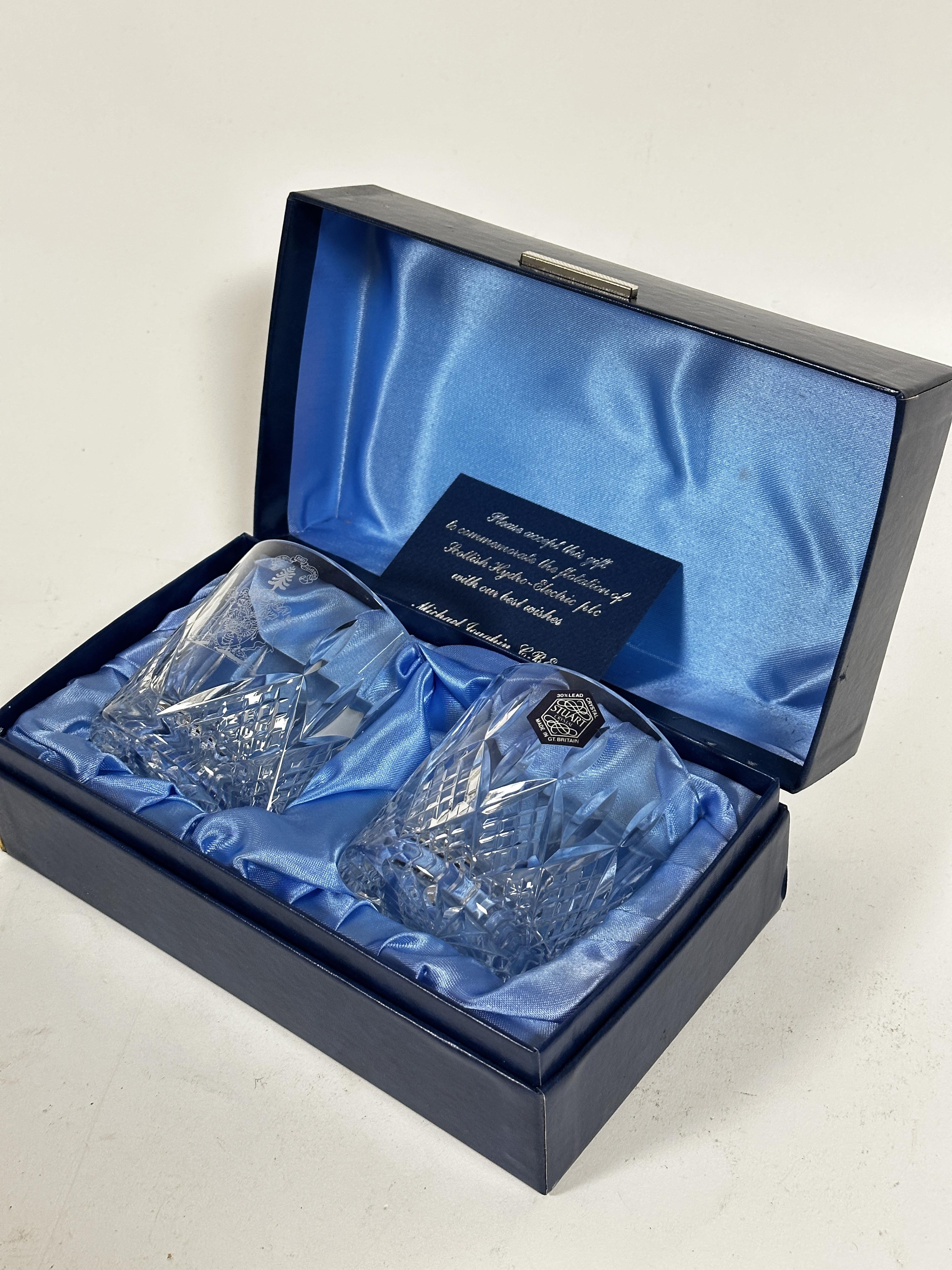 A pair of presentation Scottish Hydro Electric Company flotation Stuart Crystal Whisky tumblers in