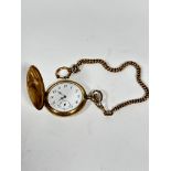 A gold plated full hunter engine turned cased pocket watch with yellow metal albert (d.5cm) with