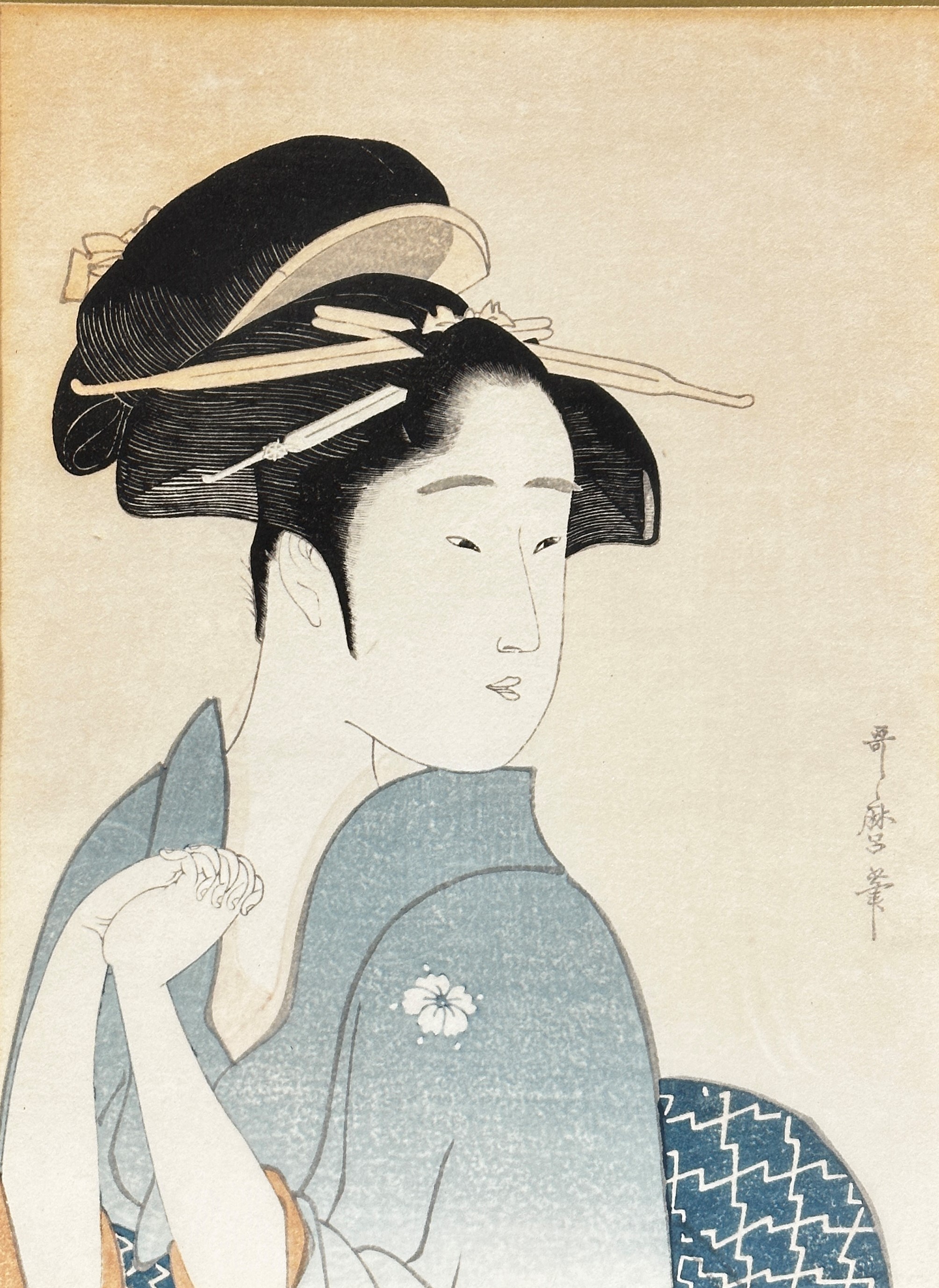 A Japanese wood block print, Japanese Lady with hands clasped, signed bottom right, mounted in