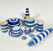 A T G Green & Co Cornishware ceramic rolling pin, chipped and damage to end, a dome top sugar