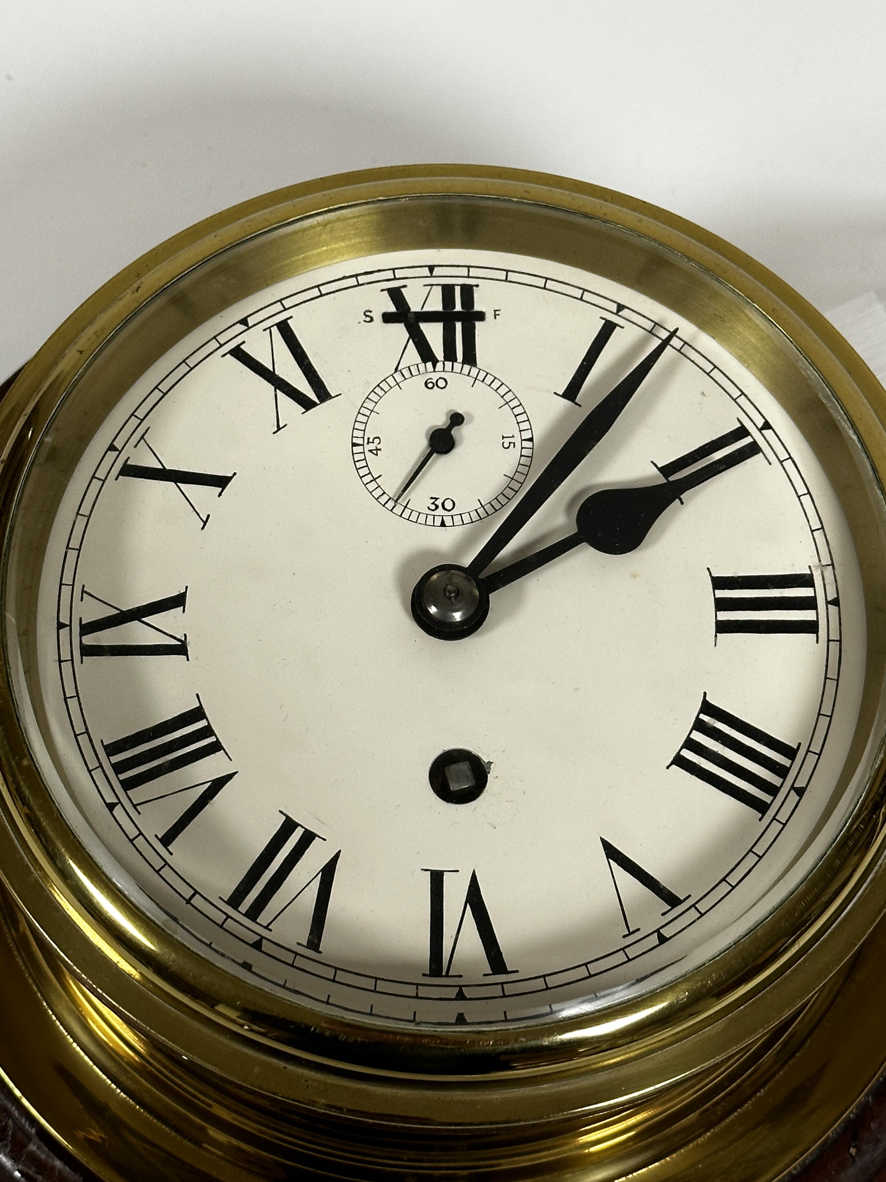 An Edwardian style brass ships wall clock with enamel dial and subsidiaries dial, complete with - Image 2 of 2