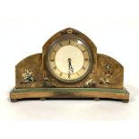 A 1930s walnut chinoiserie decorated arched mantel clock of curved form with enamelled and gilt