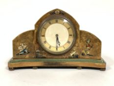 A 1930s walnut chinoiserie decorated arched mantel clock of curved form with enamelled and gilt