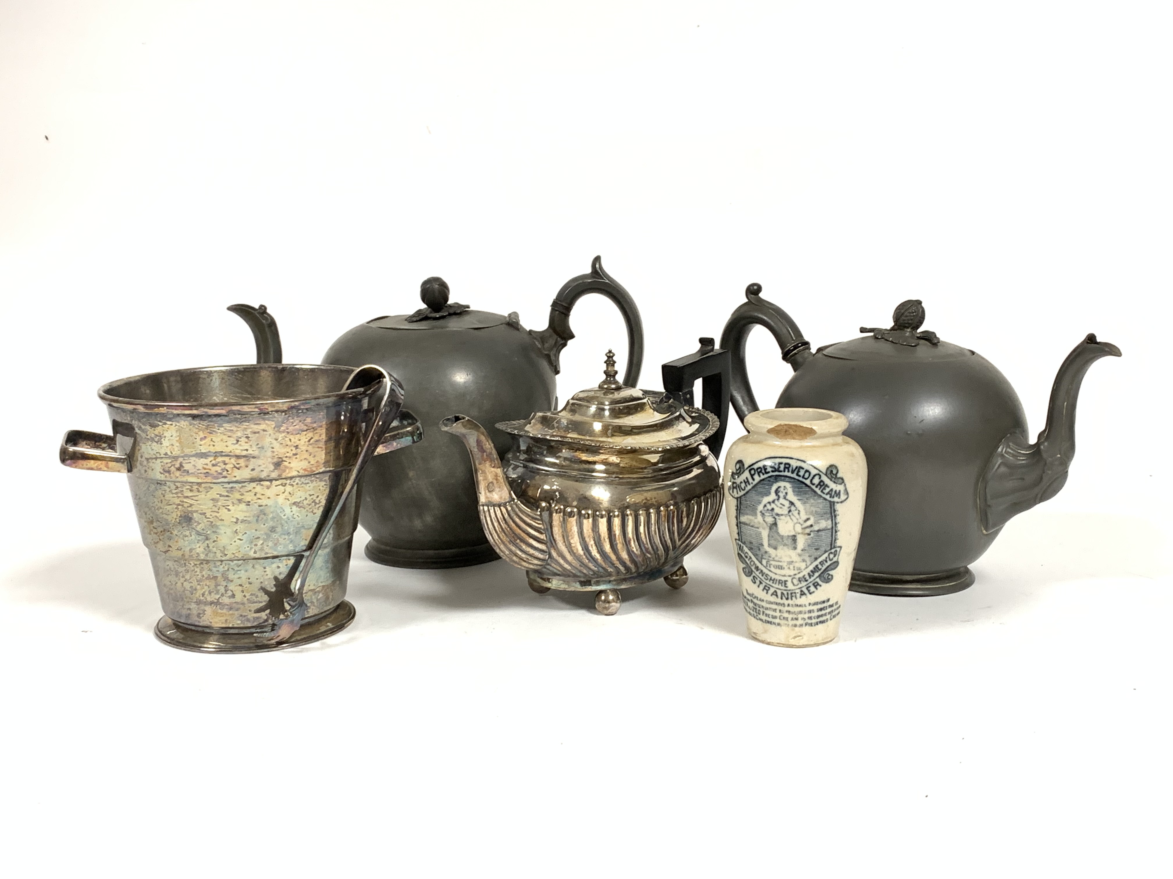 Two Britannia metal 19thc teapots, an Epns gadroon teapot, an Epns ice bucket complete with tongs