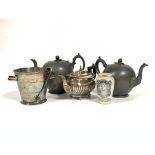 Two Britannia metal 19thc teapots, an Epns gadroon teapot, an Epns ice bucket complete with tongs