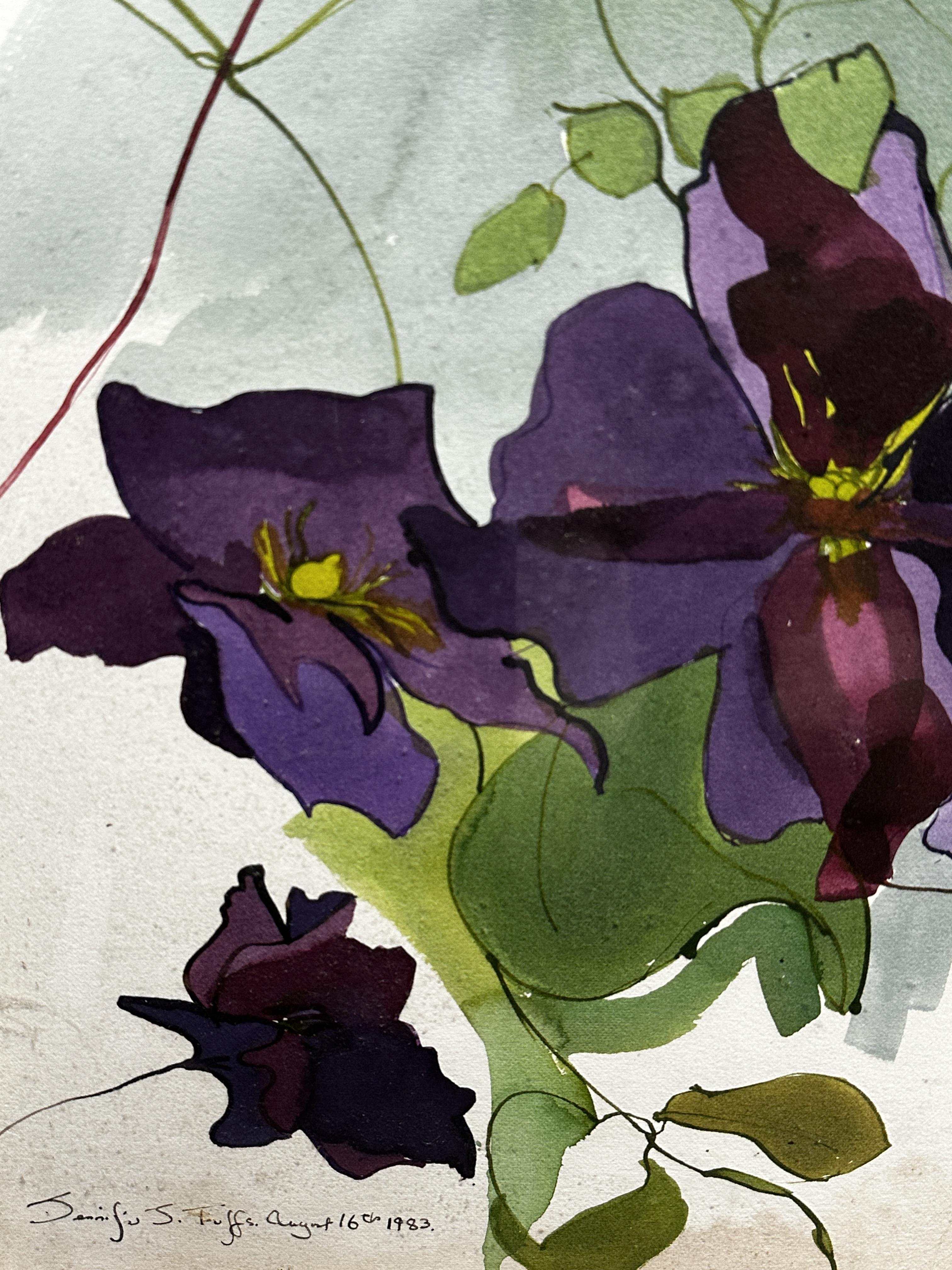 Jennifer S Tuffs, Clematis, pen and ink with watercolour on paper, dated August 16th 1983, glazed - Image 2 of 2