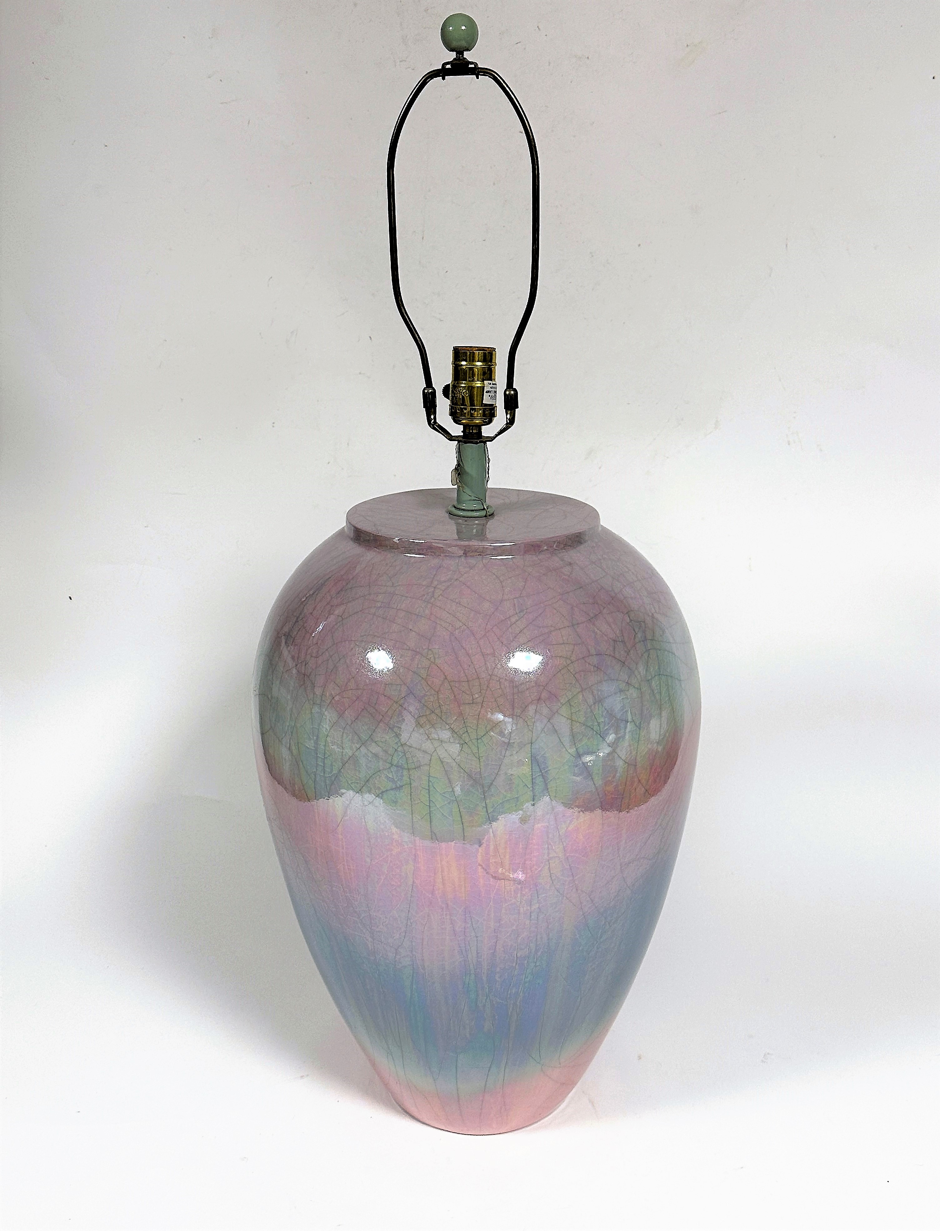 A large baluster pearlised pink, green and blue ovoid lamp base complete with American style