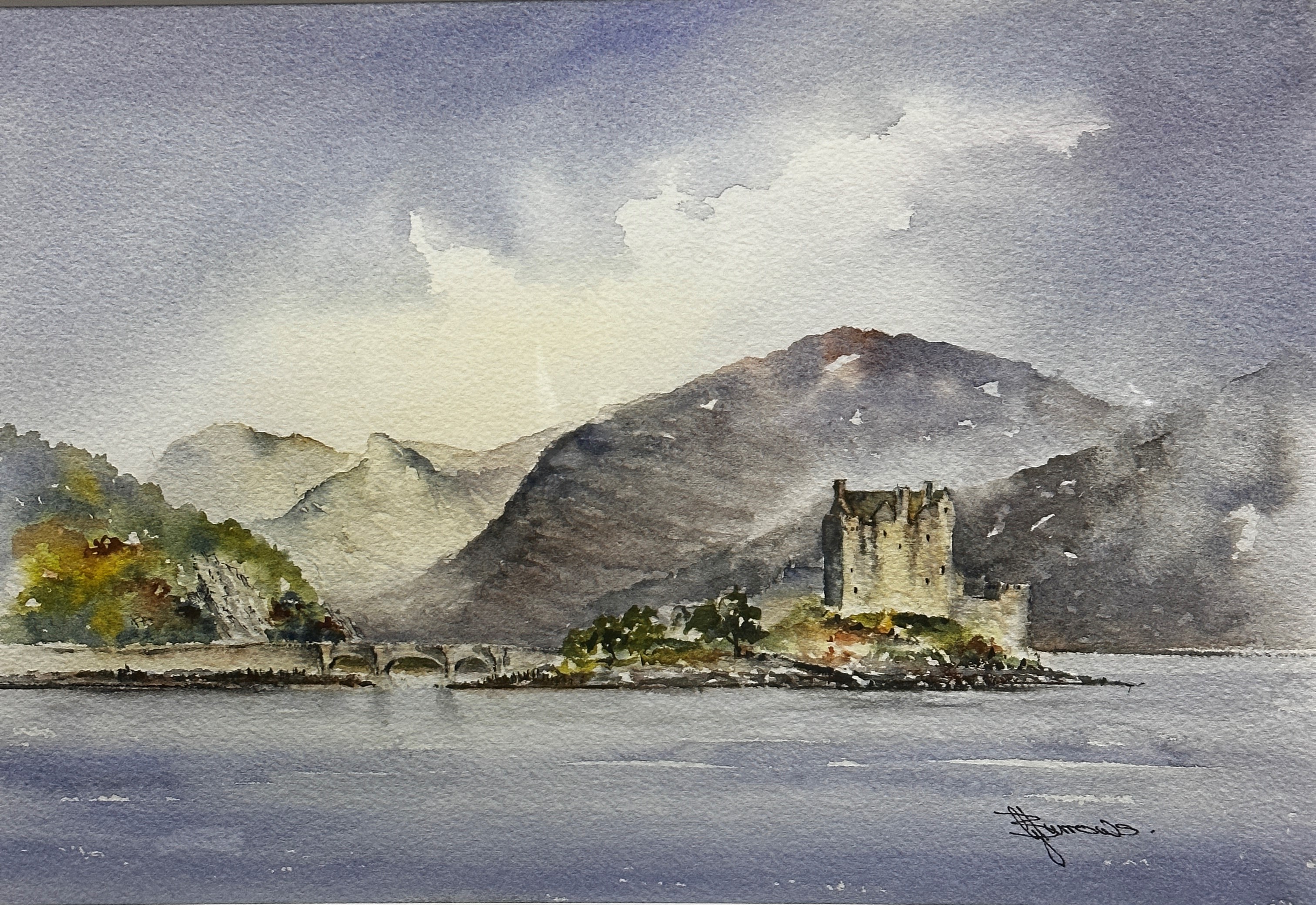 Graham Burrows, Eilan Donan Castle, watercolour, signed bottom right and inscribed verso, silver