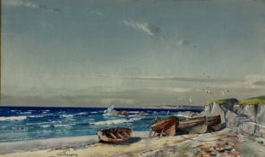 Tom Campbell, (Scottish: 1865-1943) Scottish Shore Scene with Beached Boats, watercolour, signed