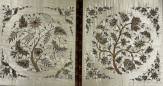 A pair of late 19th early 20thc satinwood embroidered panels, with stylised Honeysuckle and Leaf