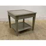 A Gustavian style grey painted lamp table, with fluted frieze having carved rosette to each