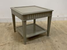 A Gustavian style grey painted lamp table, with fluted frieze having carved rosette to each