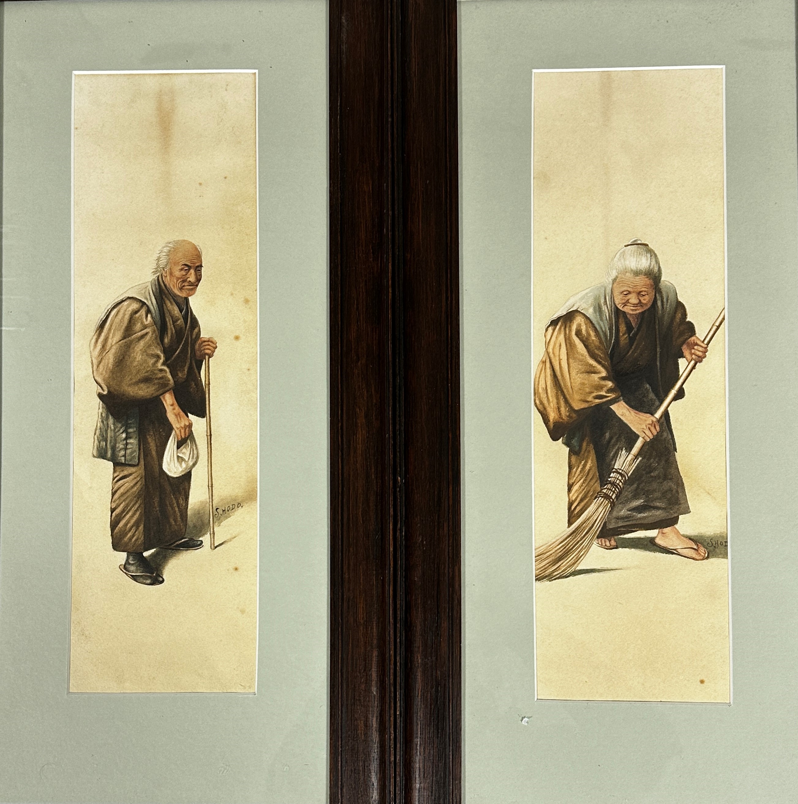 S Hodo, (Japanese 20thc) The Couple, watercolours, signed bottom right, oak mounted glazed frames,