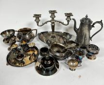 A collection of plated items including a three branch candelabra, (26cm x 27cm), a Britannia Metal