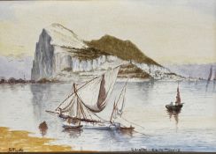 B Figallo, Gibraltar Early Morning, watercolour, signed bottom left, oak glazed mounted frame, (23cm