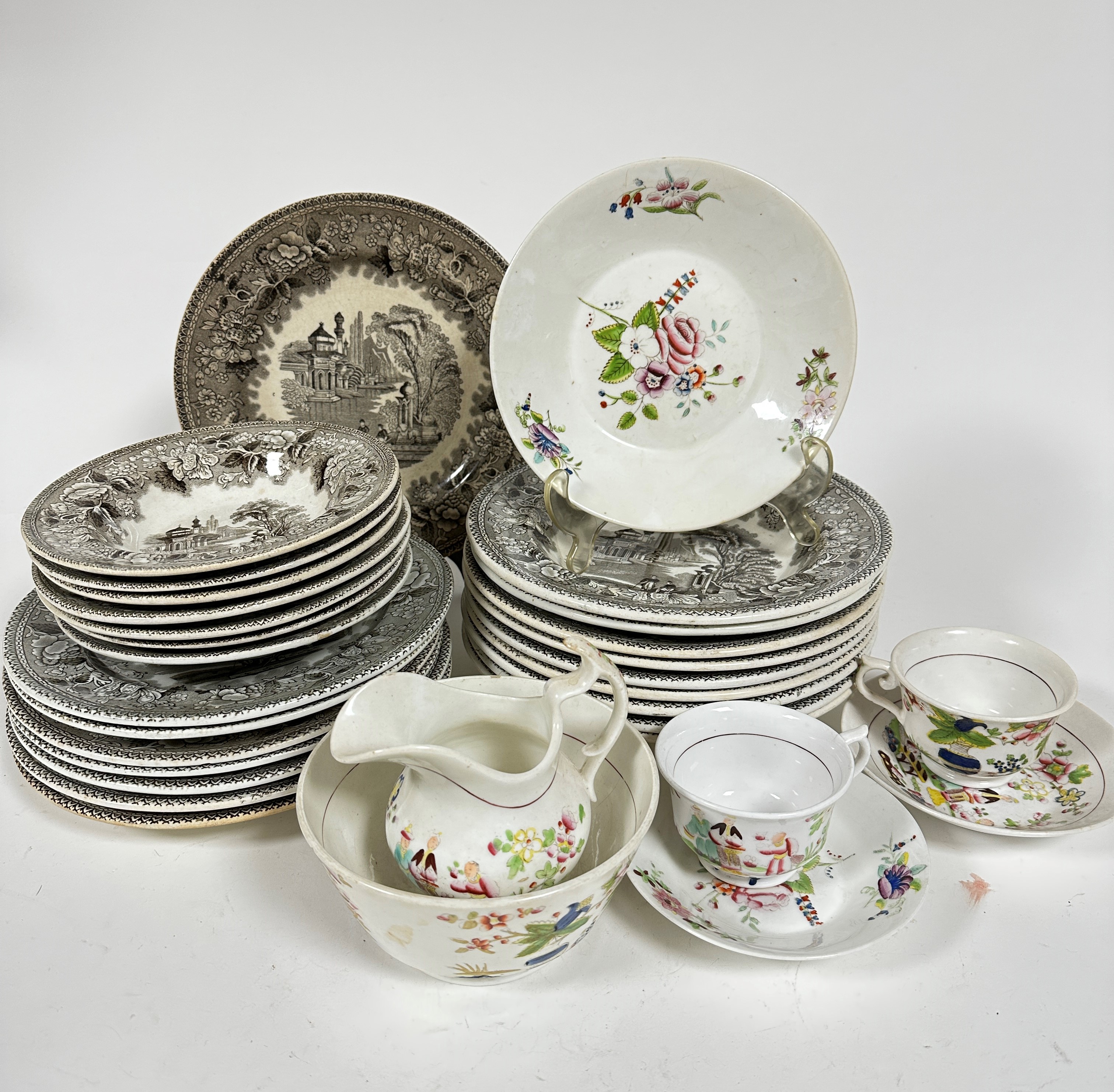 A Victorian H&S China seven piece part teaset including cake plate (20cm), pair of saucers (14cm),