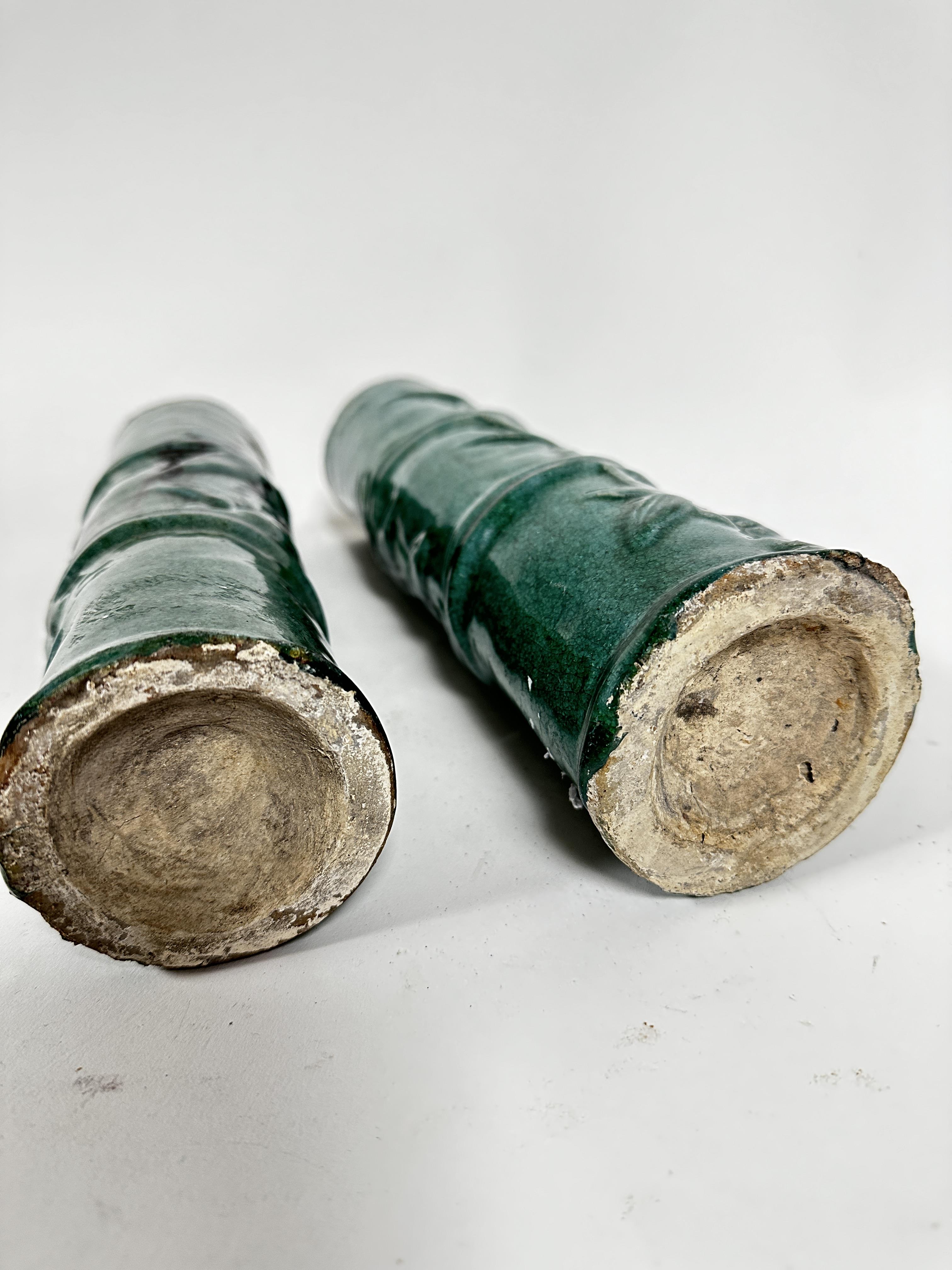 A pair of 18thc/19thc Chinese faux bamboo pottery cylinders decorated with bamboo leaves, each - Image 3 of 6