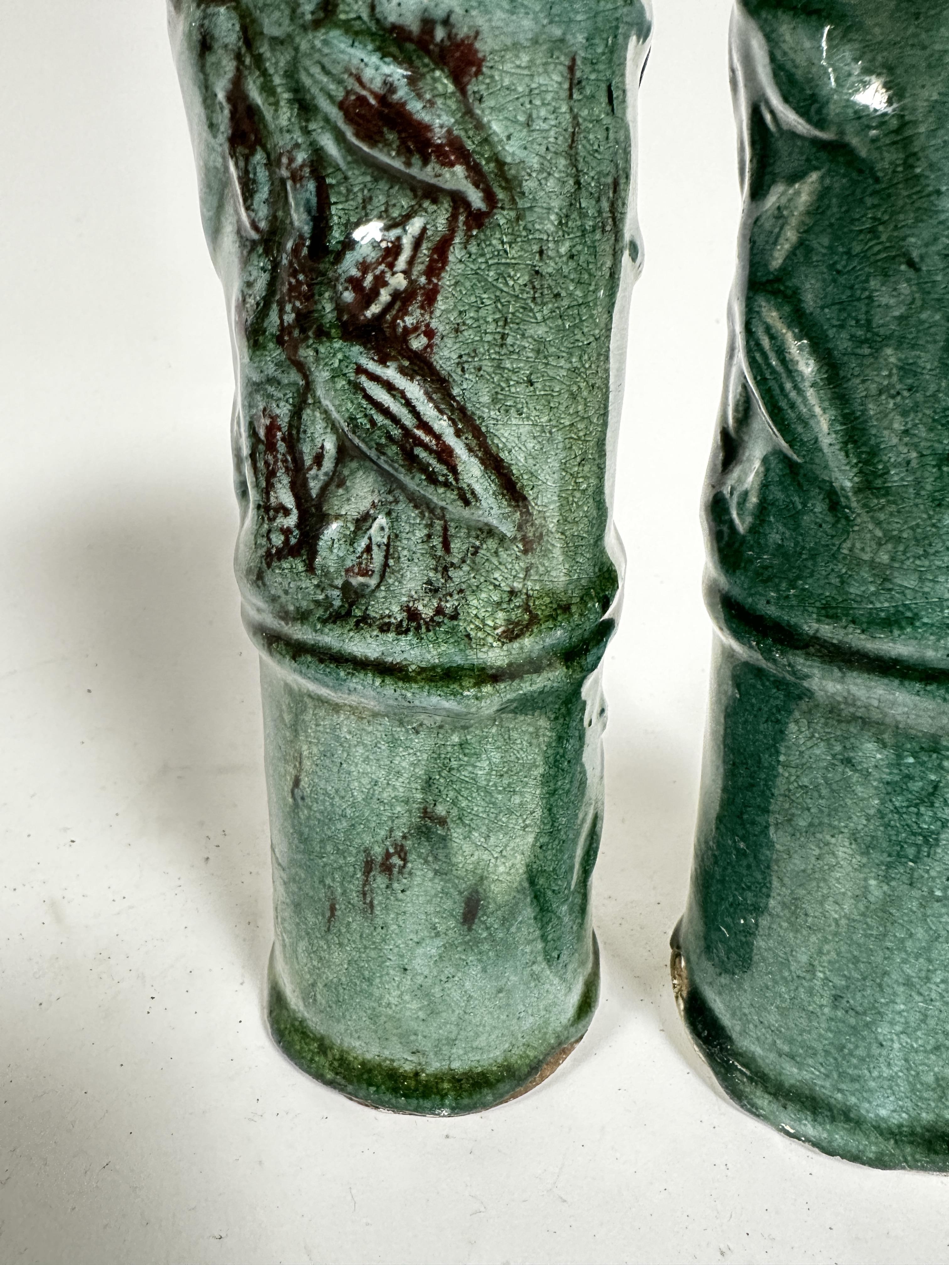 A pair of 18thc/19thc Chinese faux bamboo pottery cylinders decorated with bamboo leaves, each - Image 6 of 6