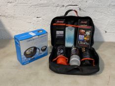 A Superguard car cleaning set (complete) and a 25psi wheel air compressor