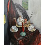 Jane Kelsey, Still Life with Japanese Teapot and Shawl, oil on canvas, paper label verso, painted