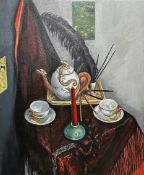 Jane Kelsey, Still Life with Japanese Teapot and Shawl, oil on canvas, paper label verso, painted