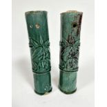 A pair of 18thc/19thc Chinese faux bamboo pottery cylinders decorated with bamboo leaves, each