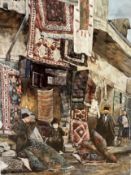 Sadipov Kazakhstan, Rug Sellers, watercolour, glazed silvered mounted frame, signed bottom right, (